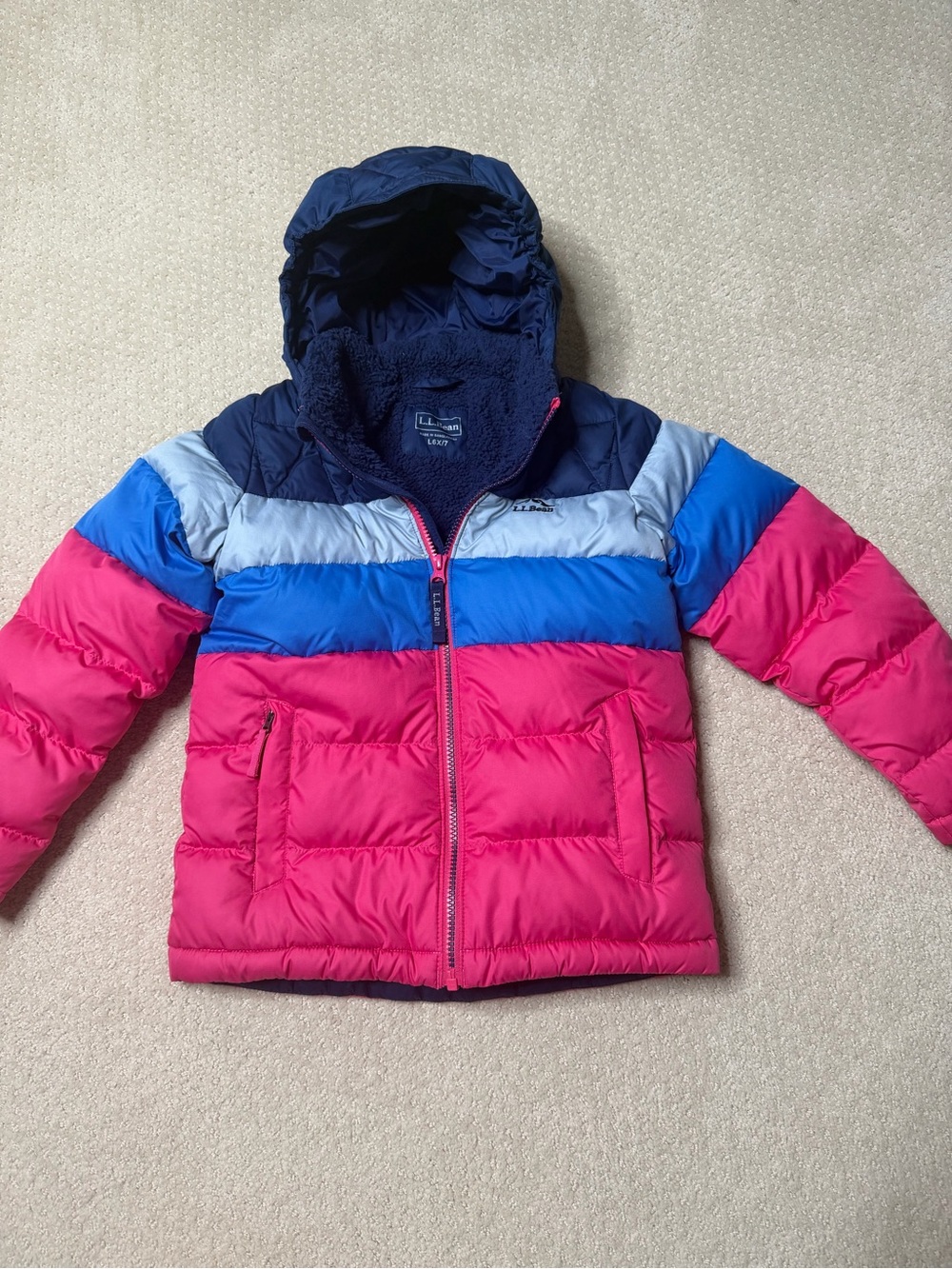 L.L. Bean Kids Colorblock Puffer Jacket - Pink, Blue, Navy